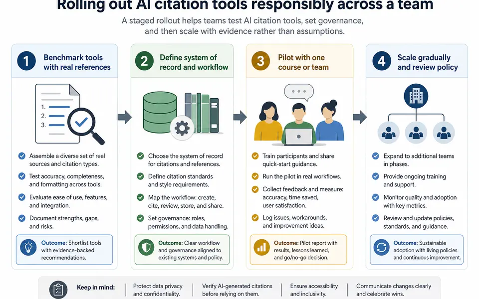 Four-step rollout diagram for adopting AI citation tools across a team, from benchmarking to gradual scale-up.