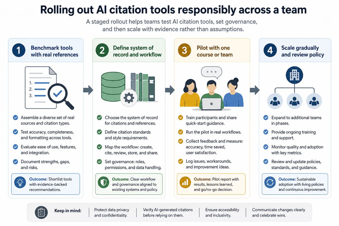 Four-step rollout diagram for adopting AI citation tools across a team, from benchmarking to gradual scale-up.