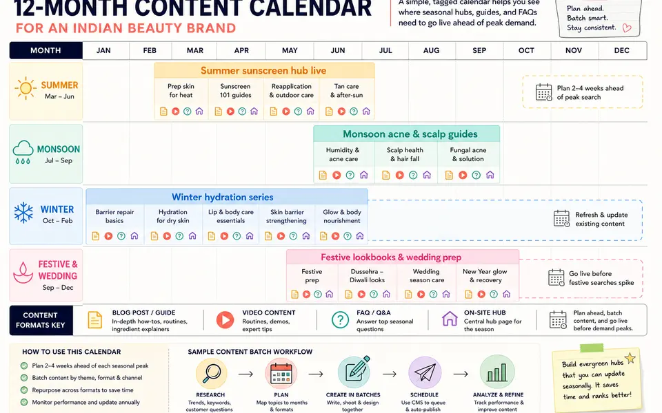 Infographic of a 12‑month content calendar for an Indian beauty brand, with colour-coded rows for summer, monsoon, winter, and festive content themes.