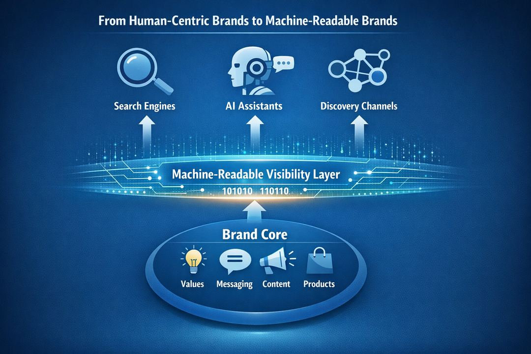 Infographic showing a brand core feeding into a machine-readable visibility layer that connects to search engines, AI assistants, and other discovery channels.