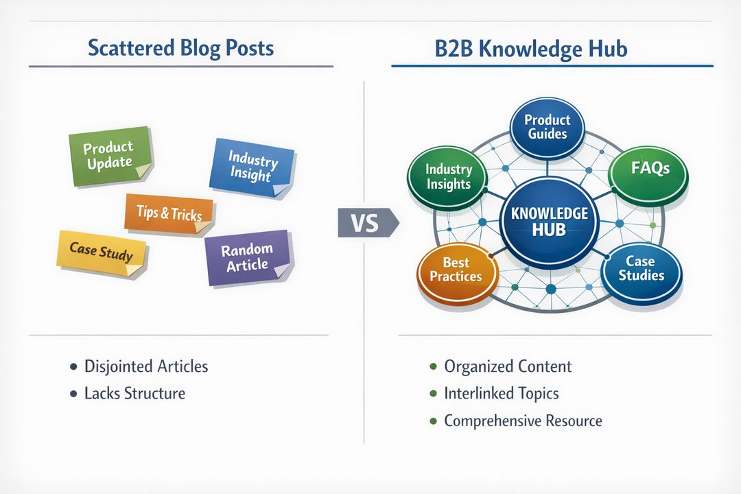 Infographic comparing a scattered list of blog posts with an interconnected knowledge hub for a B2B organisation