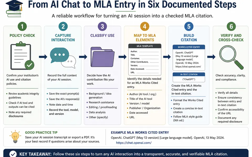 Flow-style diagram showing the steps from AI interaction to captured metadata to MLA Works Cited entry and in-text citation.