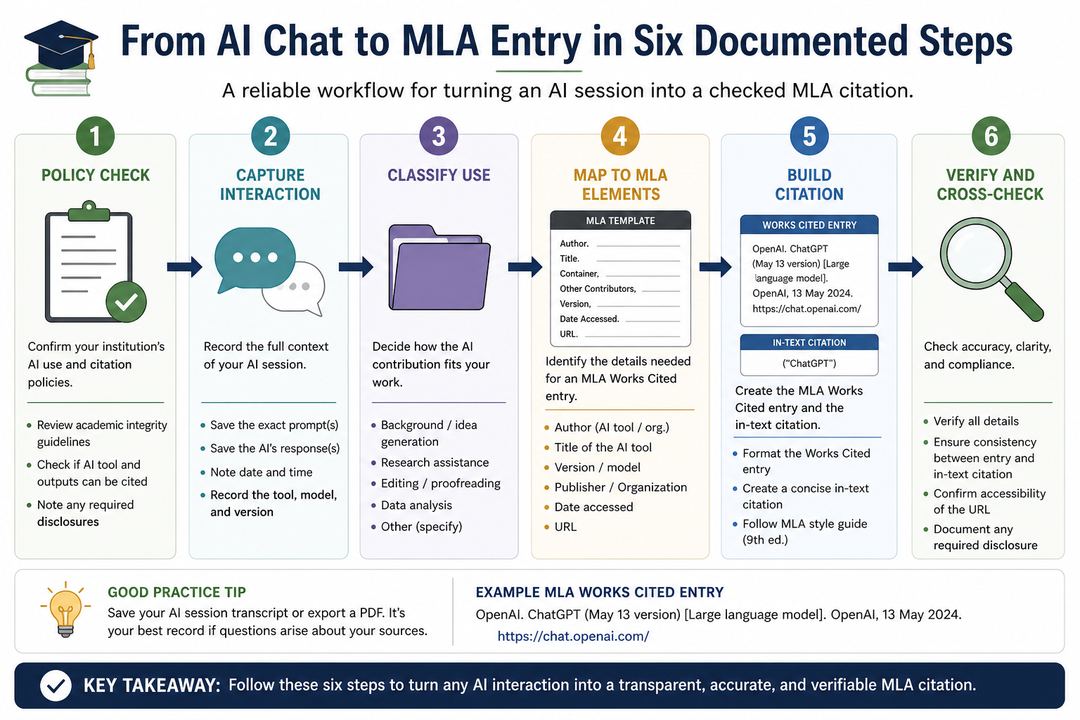 Flow-style diagram showing the steps from AI interaction to captured metadata to MLA Works Cited entry and in-text citation.