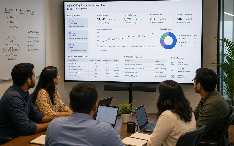 An Indian B2B marketing team in a conference room reviewing SEO and analytics dashboards on a large screen.