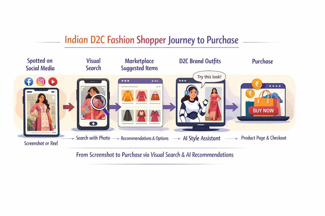 Infographic diagram of an Indian D2C fashion shopper journey from screenshot or Reel to purchase via visual search, marketplaces, and AI assistants.