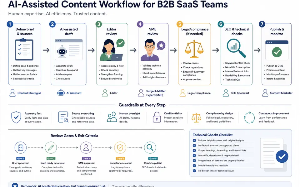 Flow diagram of an AI-assisted content workflow for a B2B SaaS team from brief to AI draft, human review, and publication.