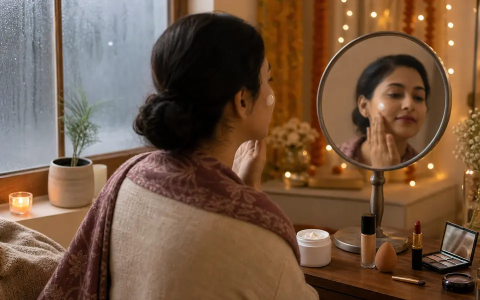 Indian woman indoors during winter, applying a rich moisturiser and preparing a long-wear festive makeup look.