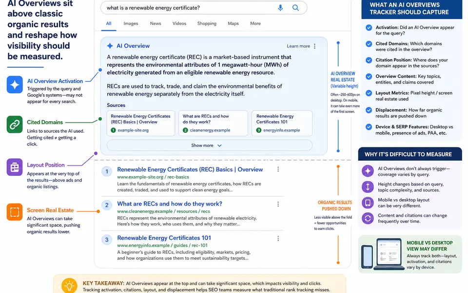 Diagram of a Google search results page showing an AI Overview snapshot above organic listings, annotated with activation, citations, and layout elements.