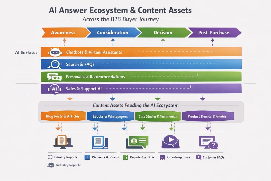 Infographic showing AI answer ecosystem across buyer journey stages and content assets