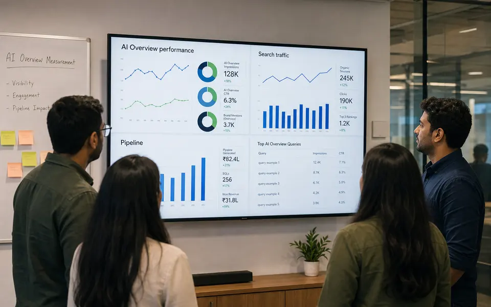Indian SaaS marketing and SEO team collaborating around a screen showing dashboards for AI Overview and search performance.