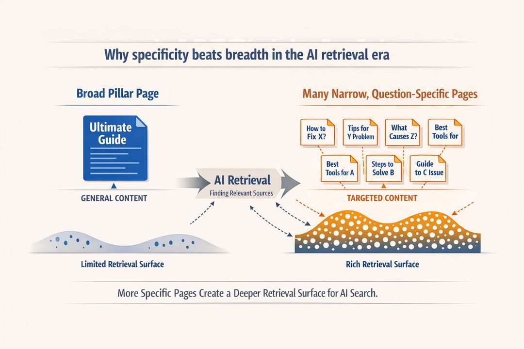 Diagram showing one broad pillar page versus many narrow, question-specific pages and how AI retrieval selects the latter as sources.