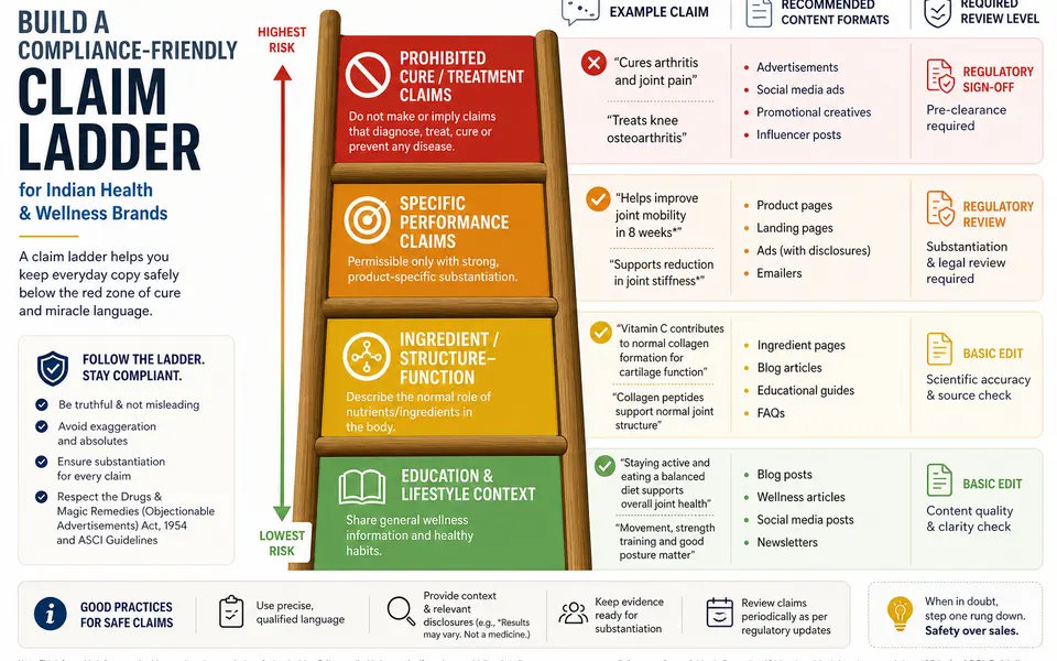 Infographic of a compliance-friendly claim ladder for an Indian health brand, showing rungs from education to structure–function to specific performance claims, with a red zone for cure and treatment language.