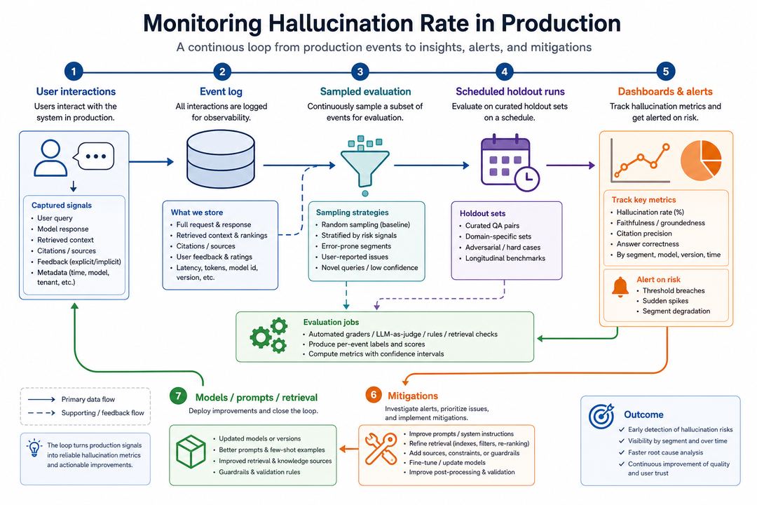 Timeline-style graphic showing production events flowing into sampling, evaluation jobs, alerts, and mitigations.