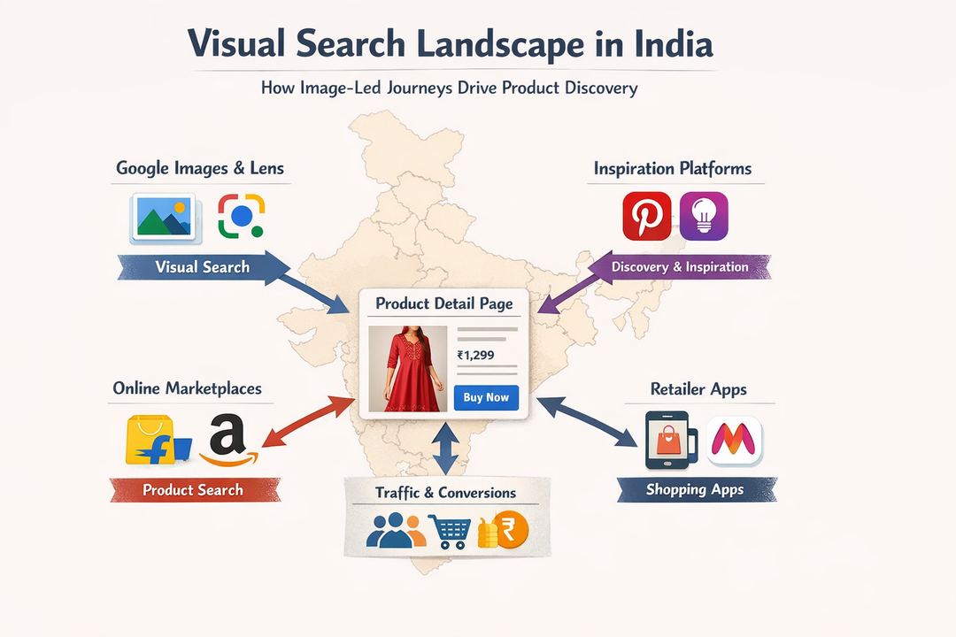 Infographic diagram of the visual search landscape in India showing Google Images and Lens, Pinterest-style apps, marketplaces, and retailer apps feeding traffic into product detail pages.