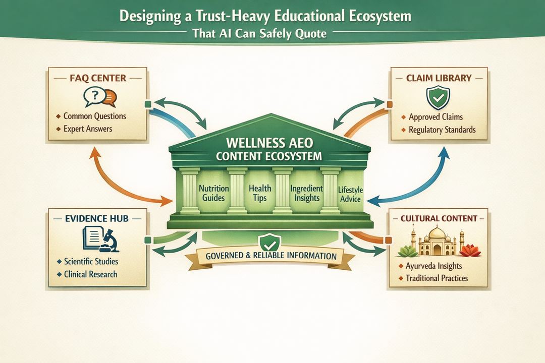 Infographic diagram showing a trust-heavy wellness AEO content ecosystem for an Indian supplement brand, with pillars, FAQs, claim library, and evidence hub interconnected.