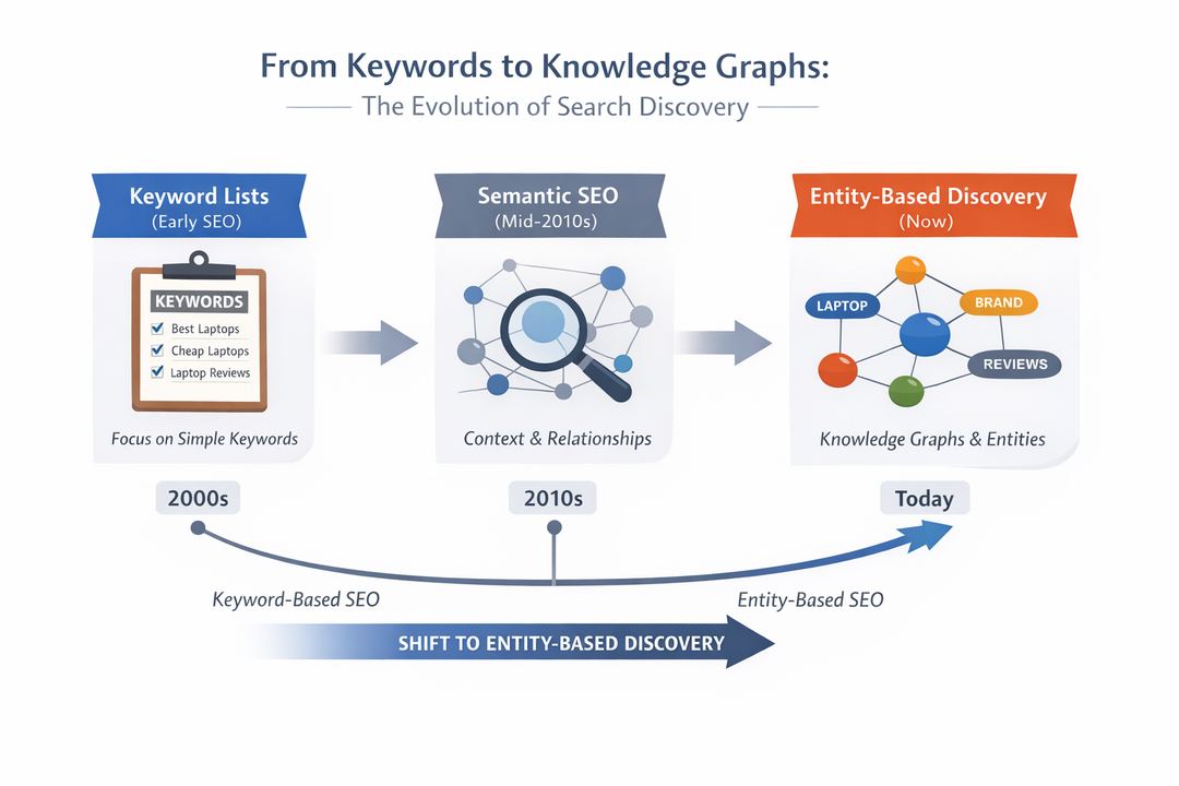 Diagram of the evolution from keyword lists to an entity-based knowledge graph powering search discovery.