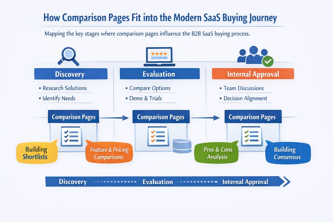 Infographic of a modern B2B SaaS buying journey highlighting where comparison pages influence shortlists and internal consensus.
