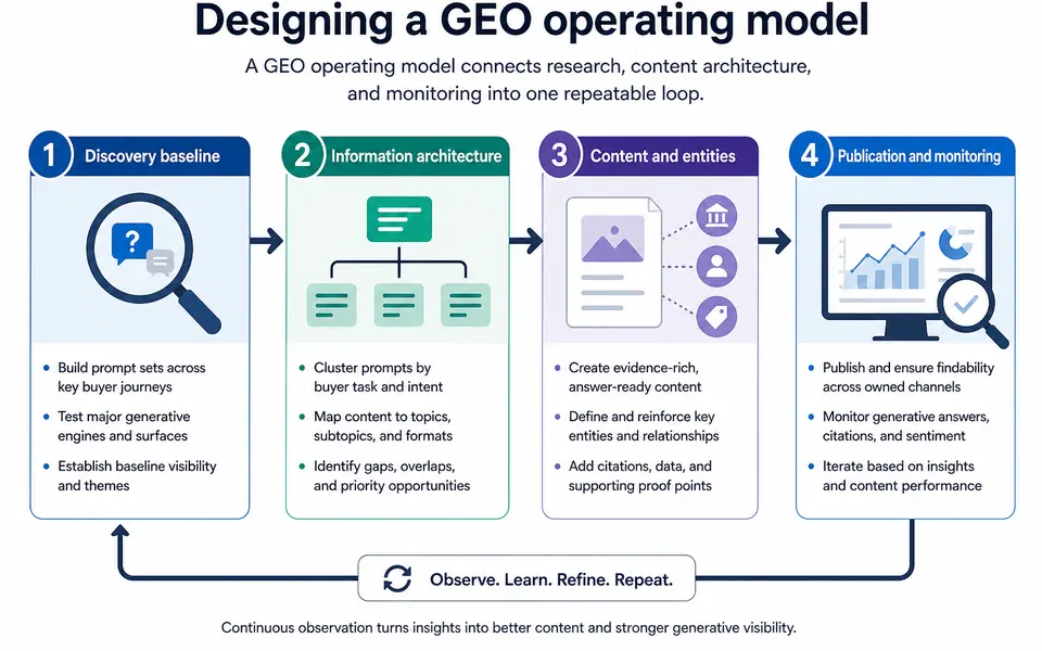 Flow diagram of a GEO operating model from discovery baseline through information architecture, content production, and monitoring.
