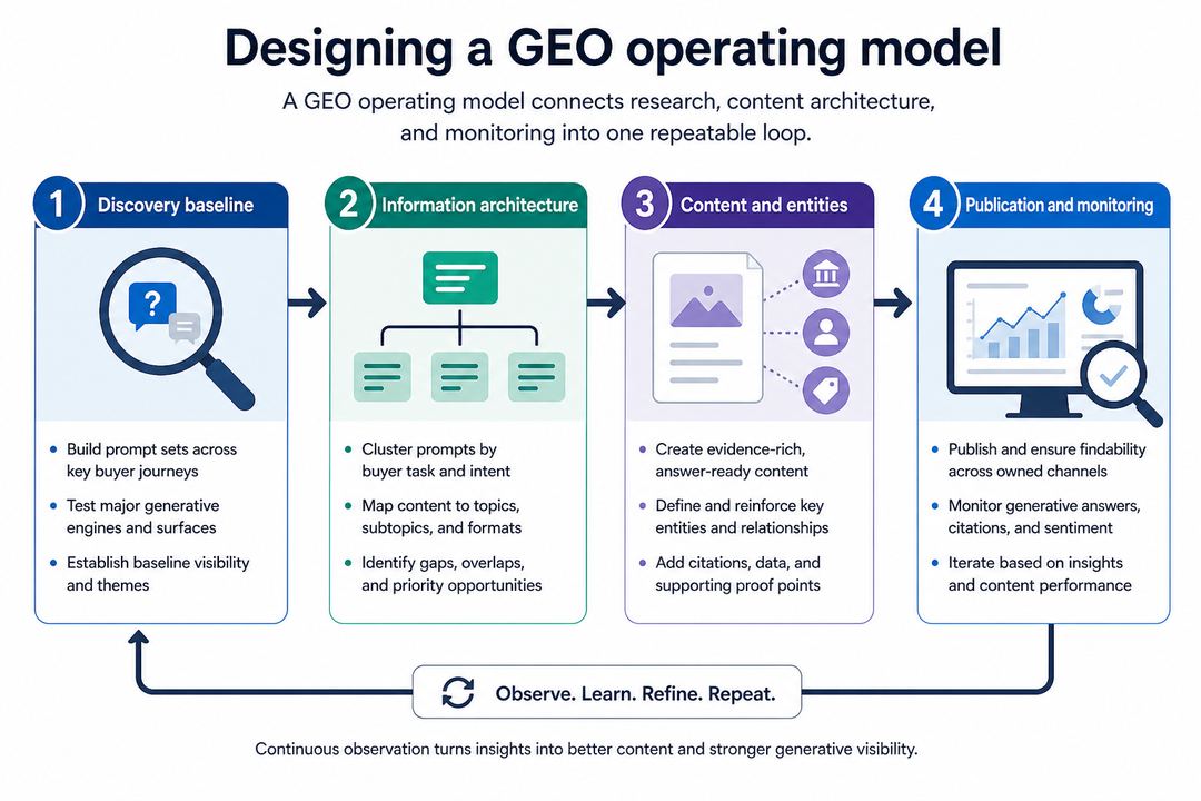 Flow diagram of a GEO operating model from discovery baseline through information architecture, content production, and monitoring.