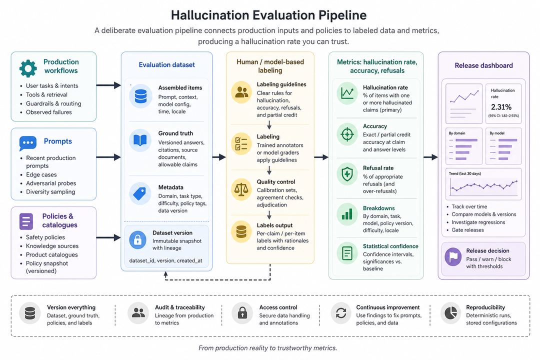Flow diagram from production prompts and policies through labeling to hallucination rate reporting.