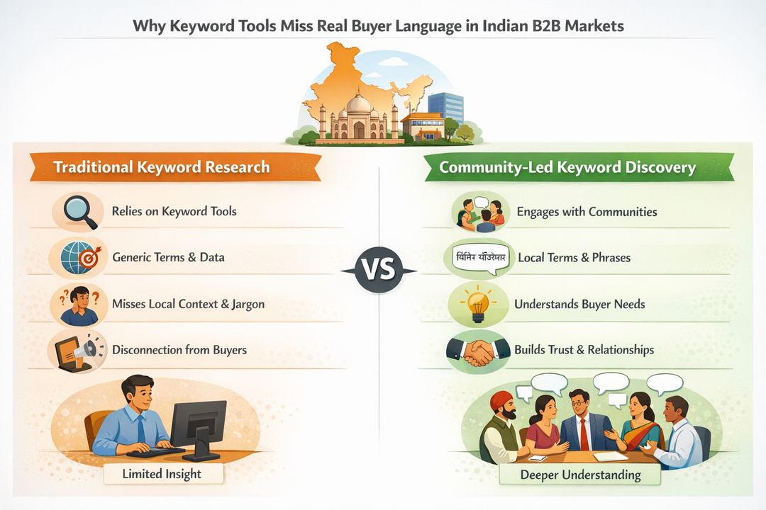 Infographic diagram comparing traditional keyword research with community-led keyword discovery for Indian B2B markets