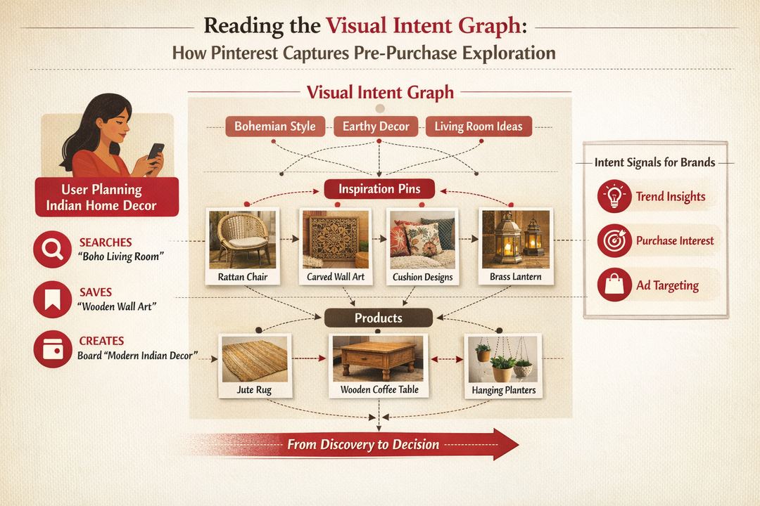 Infographic showing how a user’s searches, saves, and boards on Pinterest connect pins, concepts, and products into a visual intent graph for an Indian home decor buyer.