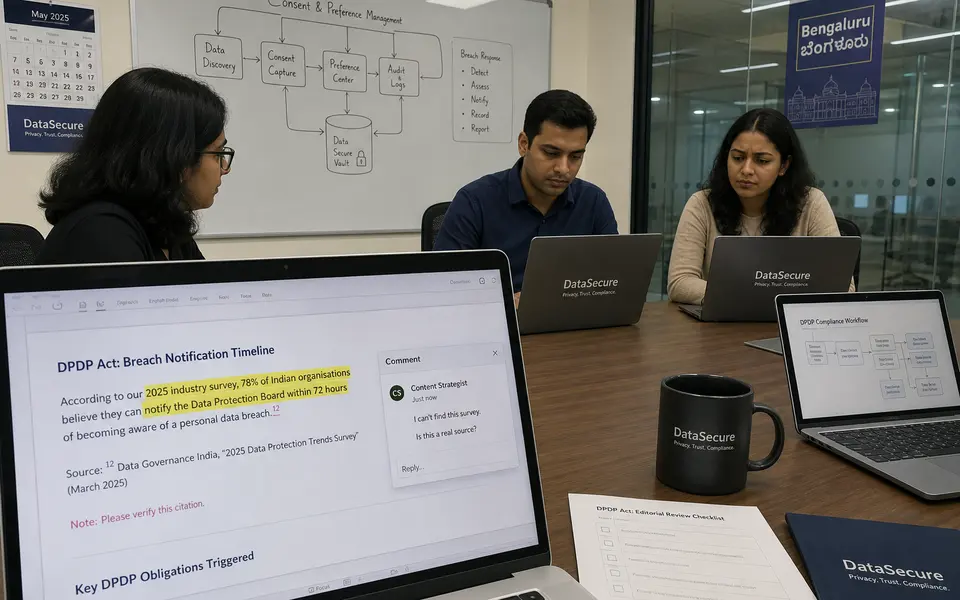 B2B SaaS marketing and legal team in an Indian office reviewing AI-generated content on laptops, noticing a fabricated citation about DPDP breach timelines.