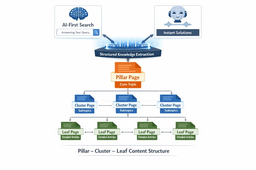 Infographic showing AI-first search and answer engines connecting to a structured pillar–cluster–leaf content hierarchy.