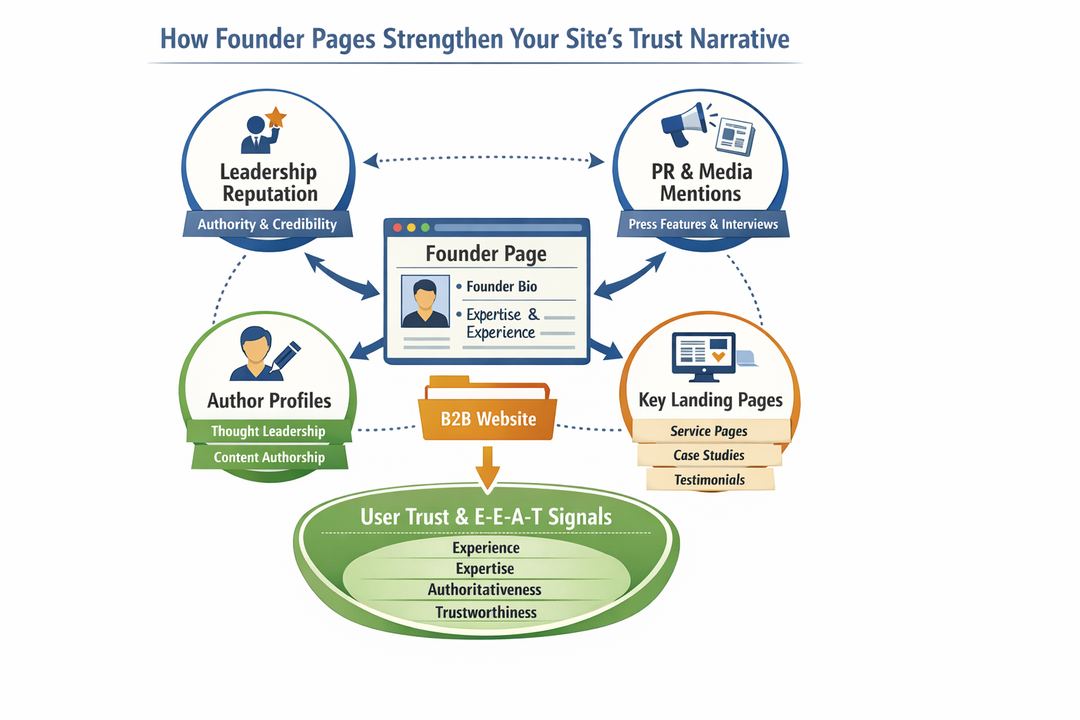 Infographic showing how founder pages connect leadership reputation, user trust, and E-E-A-T signals across a B2B website.