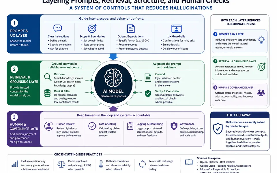 Layered diagram showing prompts and UX at the top, retrieval and grounding in the middle, and human review and governance at the bottom, forming a stack of controls around a central AI model.