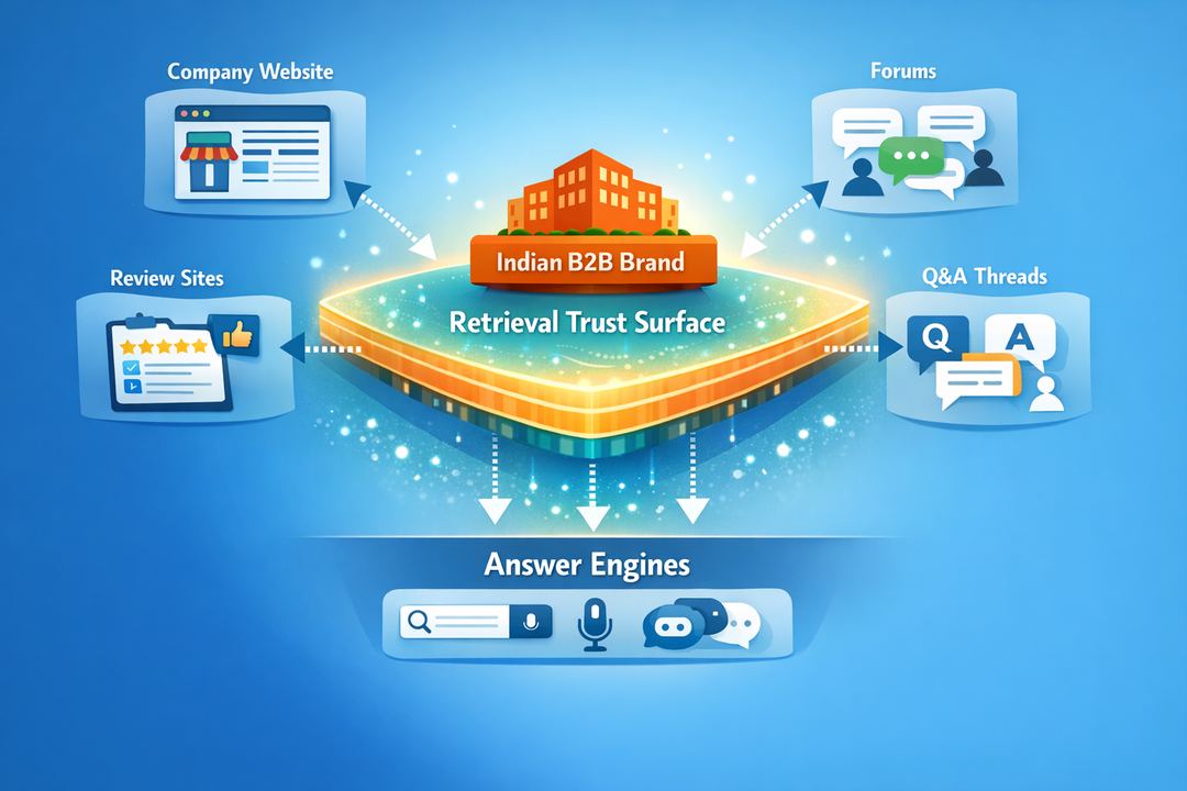 Infographic showing an Indian B2B brand at the centre, surrounded by its website, forums, review sites, and Q&A threads feeding into answer engines as a retrieval trust surface.