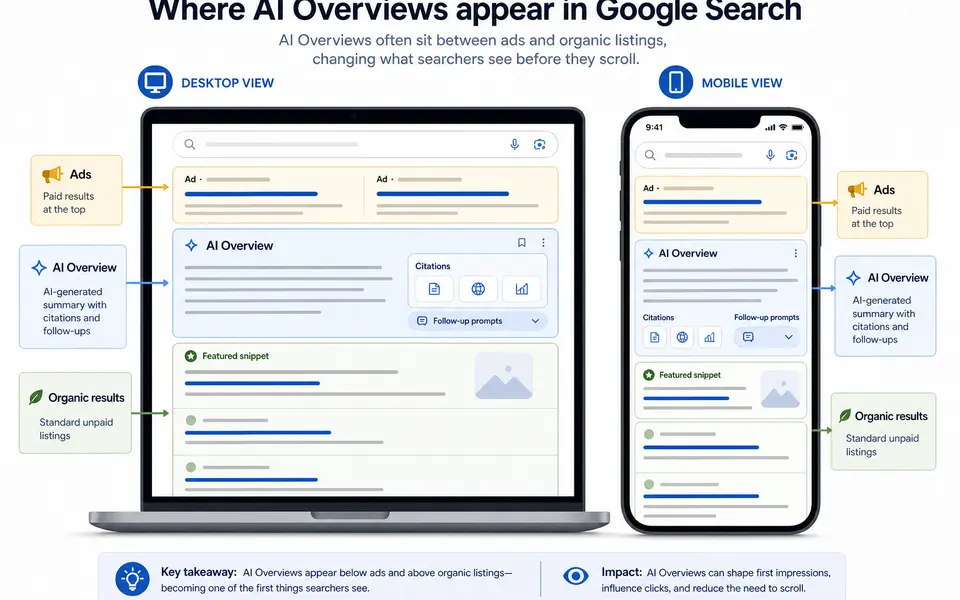 Diagram of a Google Search results page on desktop and mobile, highlighting an AI Overview box above organic listings and below ads.