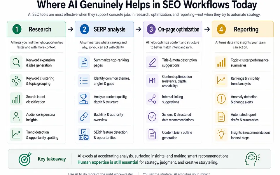 Infographic mapping core SEO workflow stages to AI assistance, from research and SERP analysis to on-page optimization and reporting.