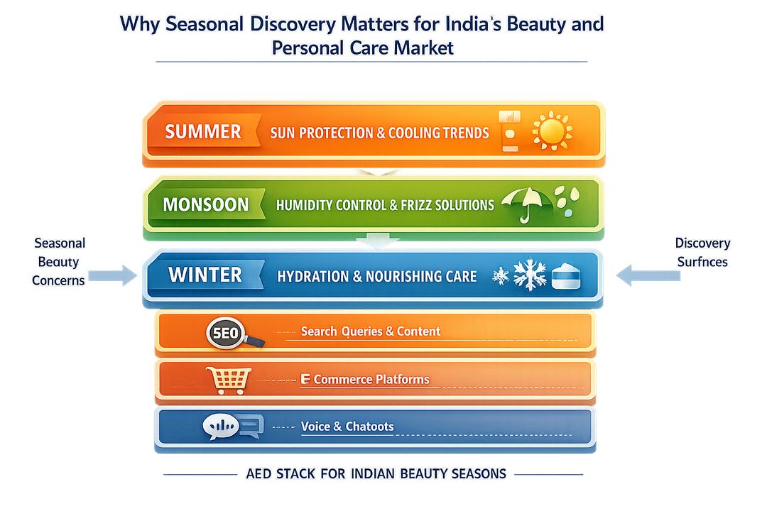 Diagram of a four-layer AEO stack mapping Indian beauty seasons to consumer concerns and discovery surfaces.