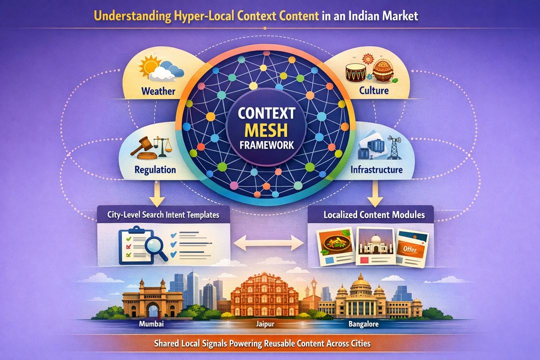 Infographic showing a central context mesh with weather, culture, regulation, and infrastructure feeding into city-level search intent templates and content modules for Indian markets.
