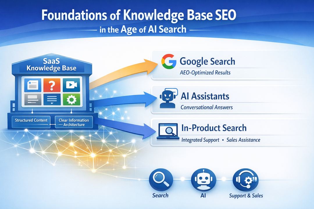 Infographic showing a SaaS knowledge base feeding Google Search, AI assistants, and in-product search through structured content and clear information architecture.