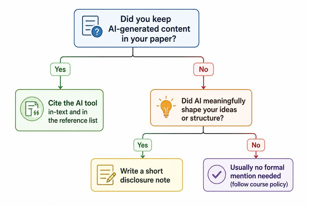 Yes-or-no decision flowchart that shows whether to add an APA citation for an AI tool, write a short disclosure, or do neither.