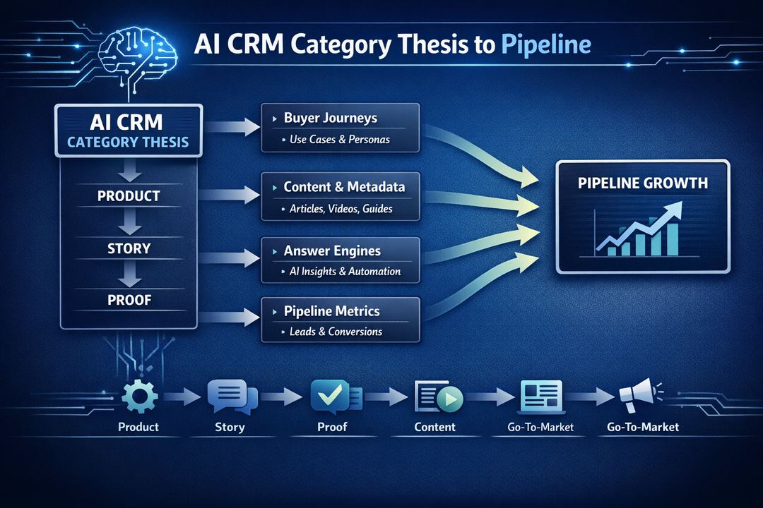Infographic showing how an AI CRM category thesis flows through product, story, proof, content, and go-to-market into pipeline.