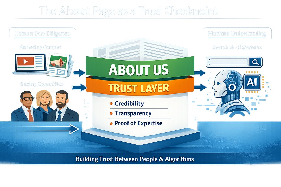 Infographic showing the About page as a trust layer between human due diligence and machine understanding in the B2B buyer journey.