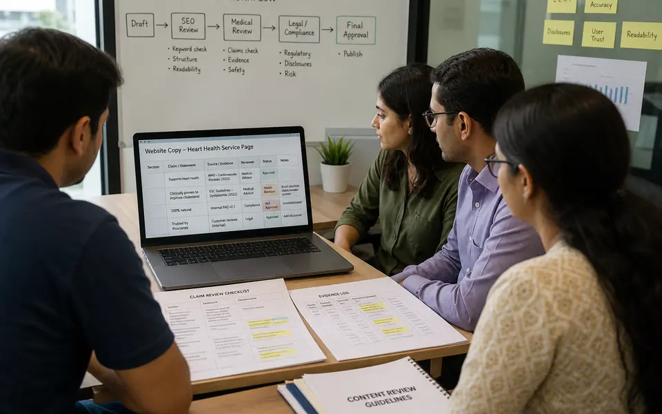 Small cross-functional team in an Indian office reviewing health content on a laptop with printed claim checklists on the table.
