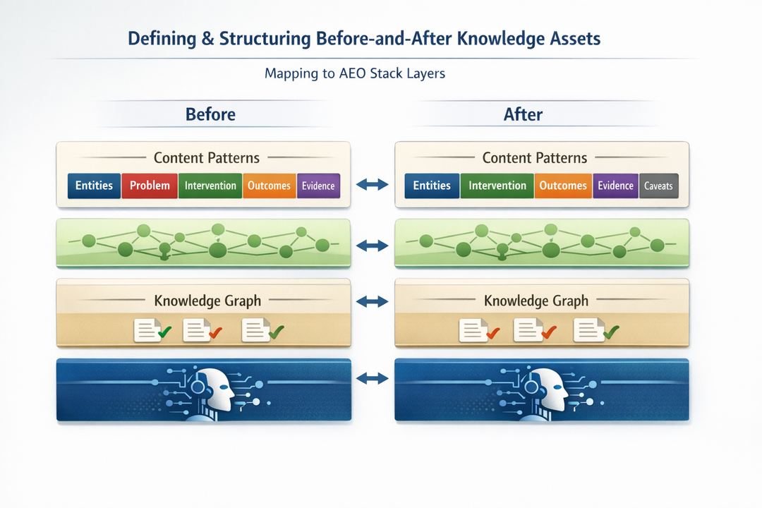 Infographic showing a before-and-after knowledge asset broken into fields and mapped to AEO stack layers.