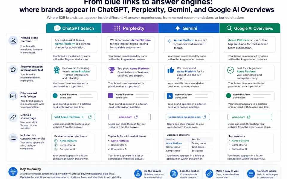Diagram comparing how a B2B brand can appear inside ChatGPT Search, Perplexity, Gemini, and Google AI Overviews.