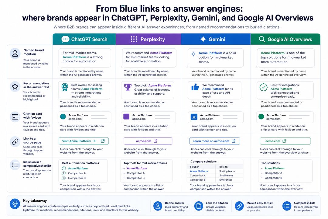 Diagram comparing how a B2B brand can appear inside ChatGPT Search, Perplexity, Gemini, and Google AI Overviews.