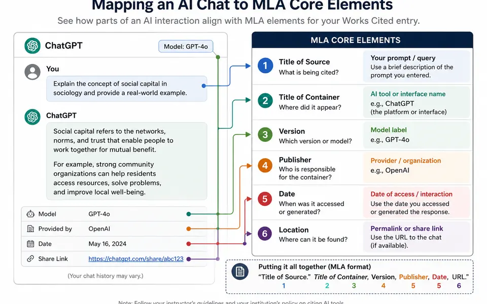 Infographic mapping MLA core elements to fields in an AI chat citation, such as prompt description, AI tool, model, provider, date, and URL.