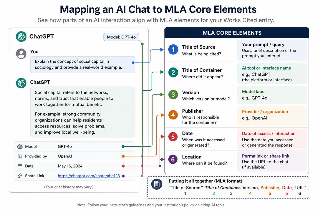Infographic mapping MLA core elements to fields in an AI chat citation, such as prompt description, AI tool, model, provider, date, and URL.