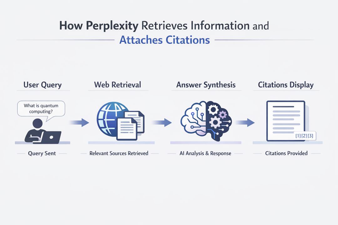 Diagram of Perplexity’s pipeline from user query to web retrieval, answer synthesis, and citation display