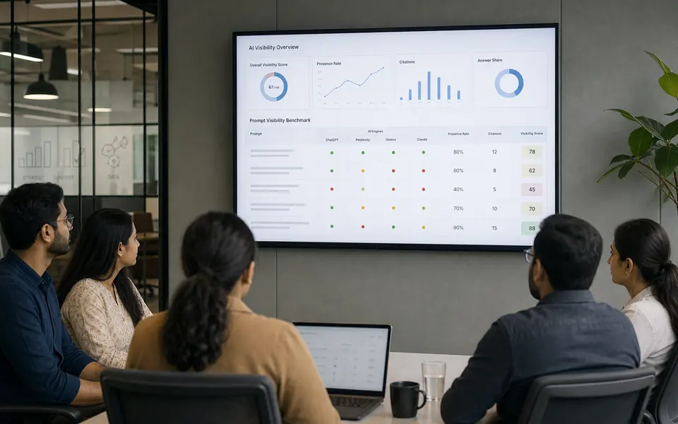 Cross-functional B2B team in India reviewing an AI visibility dashboard with prompts, engines, and scores on a large screen.