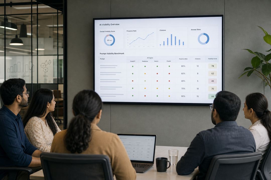 Cross-functional B2B team in India reviewing an AI visibility dashboard with prompts, engines, and scores on a large screen.