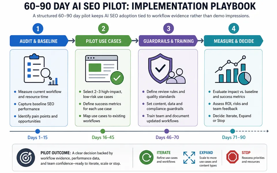 Flowchart of a 60–90 day AI SEO pilot showing phases for audit, pilot use cases, guardrails and training, and measurement.