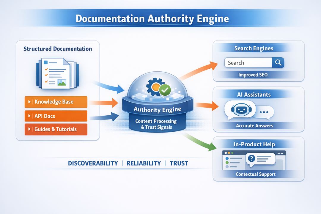 Diagram of a SaaS documentation authority engine showing structured docs feeding search, AI assistants, and in-product help.